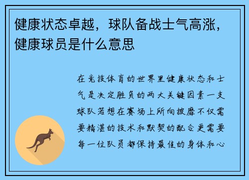 健康状态卓越，球队备战士气高涨，健康球员是什么意思