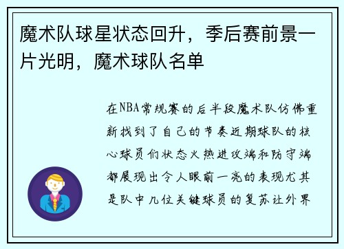 魔术队球星状态回升，季后赛前景一片光明，魔术球队名单